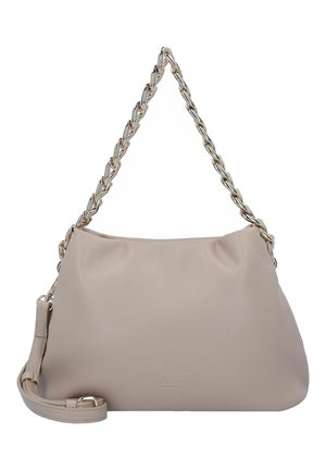 Beige Lederhandtasche mit gerafftem Oberteil, goldener Kettenhandhab und abnehmbarem Tragegurt. Glatte Textur und minimalistisches Design.