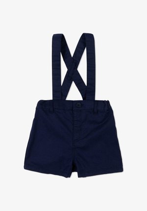 Short bleu marine pour tout-petit avec bretelles croisées réglables et fermeture à boutons à l'avant, confectionné en tissu de coton.