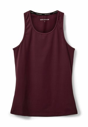 Borgonya värin ilmanhihaisessa toppissa on pyöreä kaula-aukko, sileä pinta ja pehmeä kangas, ja sen takanapeassa on etiketti.