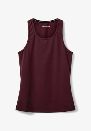 Borgonya värin ilmanhihaisessa toppissa on pyöreä kaula-aukko, sileä pinta ja pehmeä kangas, ja sen takanapeassa on etiketti.