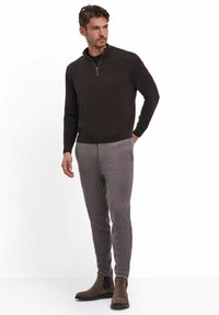 Maglione a collo zip marrone scuro abbinato a pantaloni grigi a fantasia. Il modello indossa stivaletti alla caviglia in suede marrone. L'outfit presenta una vestibilità elegante e moderna.