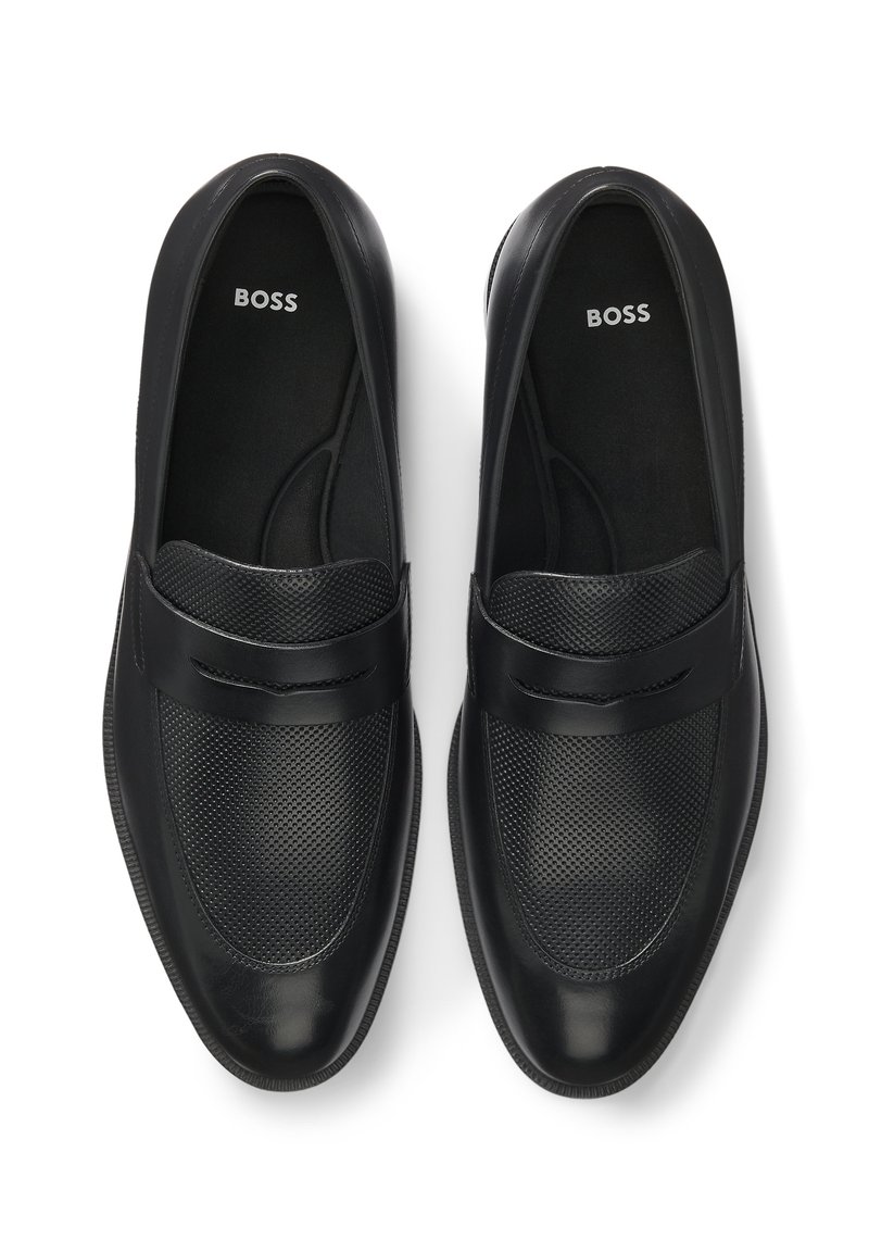 NEW HUGO BOSS men\'s tayil penny loafers leather slip-on dress shoes in black HUGO BOSS: Black Leather Slip-On Shoes now up to −56  main image 2