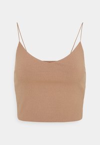 Camisole courte côtelée marron avec de fines bretelles et un décolleté en ronde. Le tissu a une texture lisse et une coupe ajustée.
