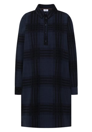 Robe-chemise à manches longues à carreaux bleu foncé et noir, avec col et quatre boutons sur la patte de boutonnage devant.