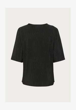 Črni kratkosleevi top z crkljasto teksturo, okroglim izrezom in prostornim krojem. Hrbtna stran je enostavna z diskretnimi podrobnostmi.