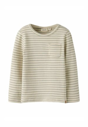 Gestreiftes Langarmhemd in Creme und Hellgrau, mit Rundhalsausschnitt und kleiner Tasche auf der linken Brust. Weicher Stoff.