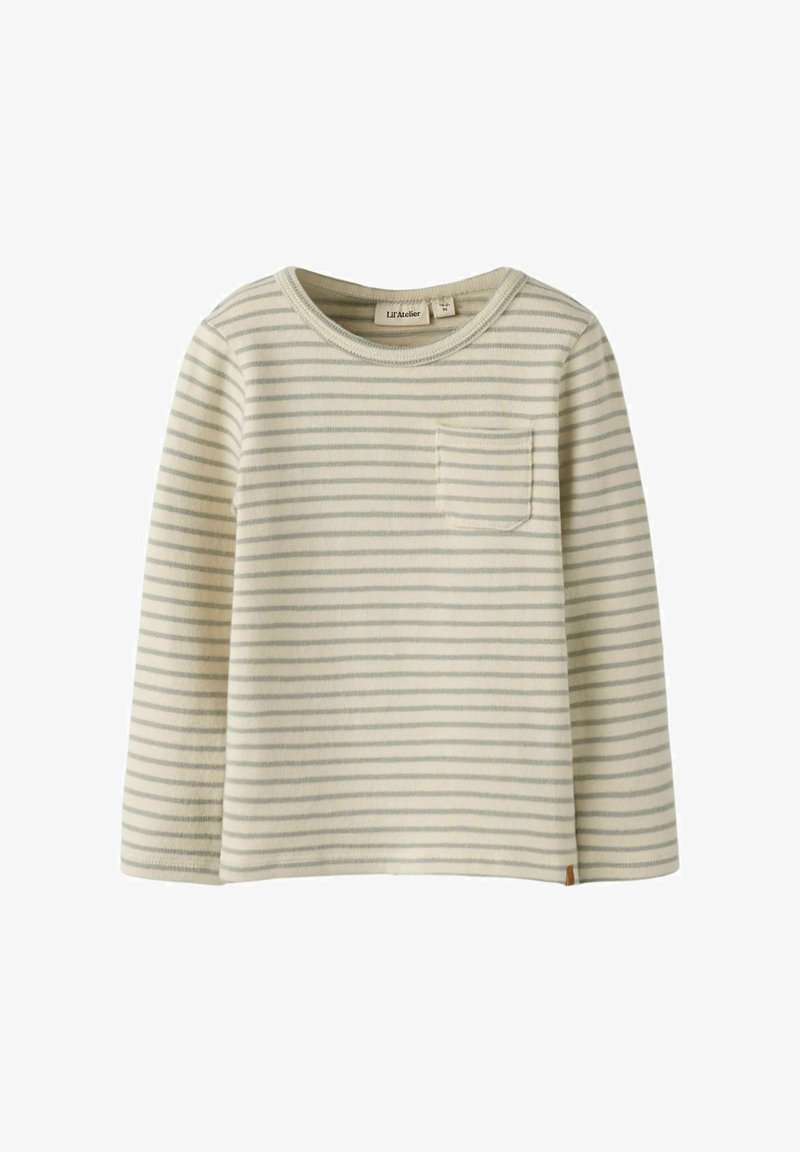 Svītraina garām piedurknēm krekls krēmkrāsā un gaiši pelēkā tonī, ar apaļu kakla izgriezumu un mazu kabatiņu kreisajā krūtī. Mīksts auduma tekstūra.