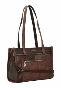 Sac à main en cuir brun avec des bretelles, présentant un côté texturé, une poche zippée à l'avant et des détails en relief sur le corps.