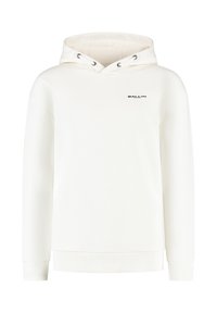 Witte pullover hoodie met aantrekkoorden en klein zwart "BALLIN'" logo op de linkerkant van de borst, ribgebreide manchetten en tailleband.