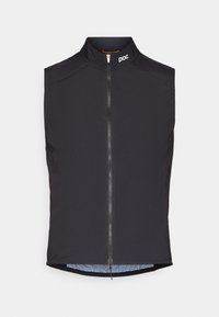 Gilet de cyclisme sans manches noir avec un col haut, une fermeture éclair sur le devant et le logo POC ; doté d'une doublure intérieure en mesh avec un motif subtil.