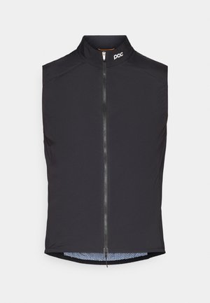 Gilet de cyclisme sans manches noir avec un col haut, une fermeture éclair sur le devant et le logo POC ; doté d'une doublure intérieure en mesh avec un motif subtil.