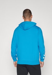 Felpa con cappuccio blu a maniche lunghe, con dettaglio di motivo bianco sulla manica destra e orlo standard nella parte inferiore.
