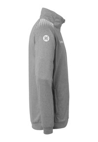 Gray zip-up jacket with high collar, featuring textured pattern on shoulders, side pockets, and logo accents on chest and sleeve.