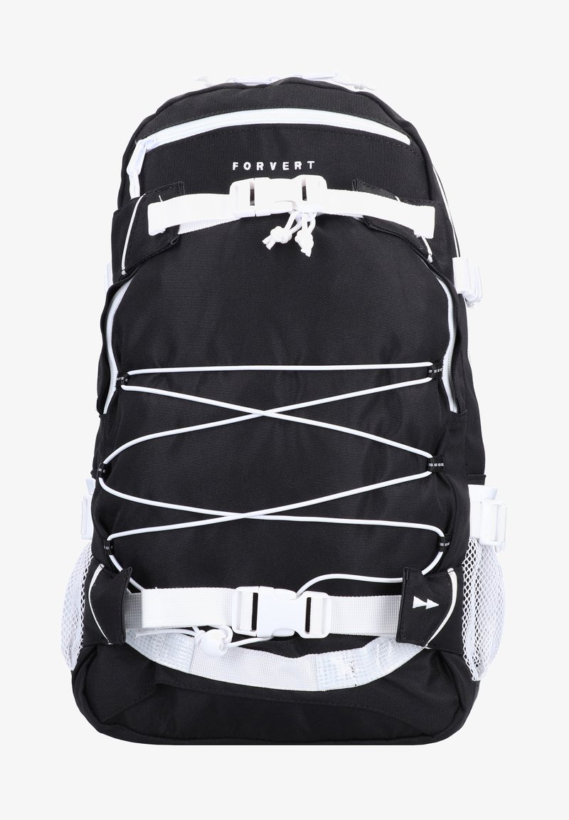 Melnā mugursoma ar baltām akcentēm. Izgatavota no izturīga auduma, aprīkota ar regulējamām siksnām, gumijas virknes dizainu un sietveida sānu kabatu.