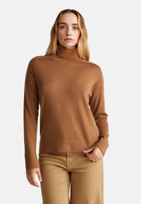 Maglione a collo alto marrone realizzato in un tessuto morbido, con maniche lunghe, una silhouette aderente e una texture a coste sul colletto e sull'orlo.