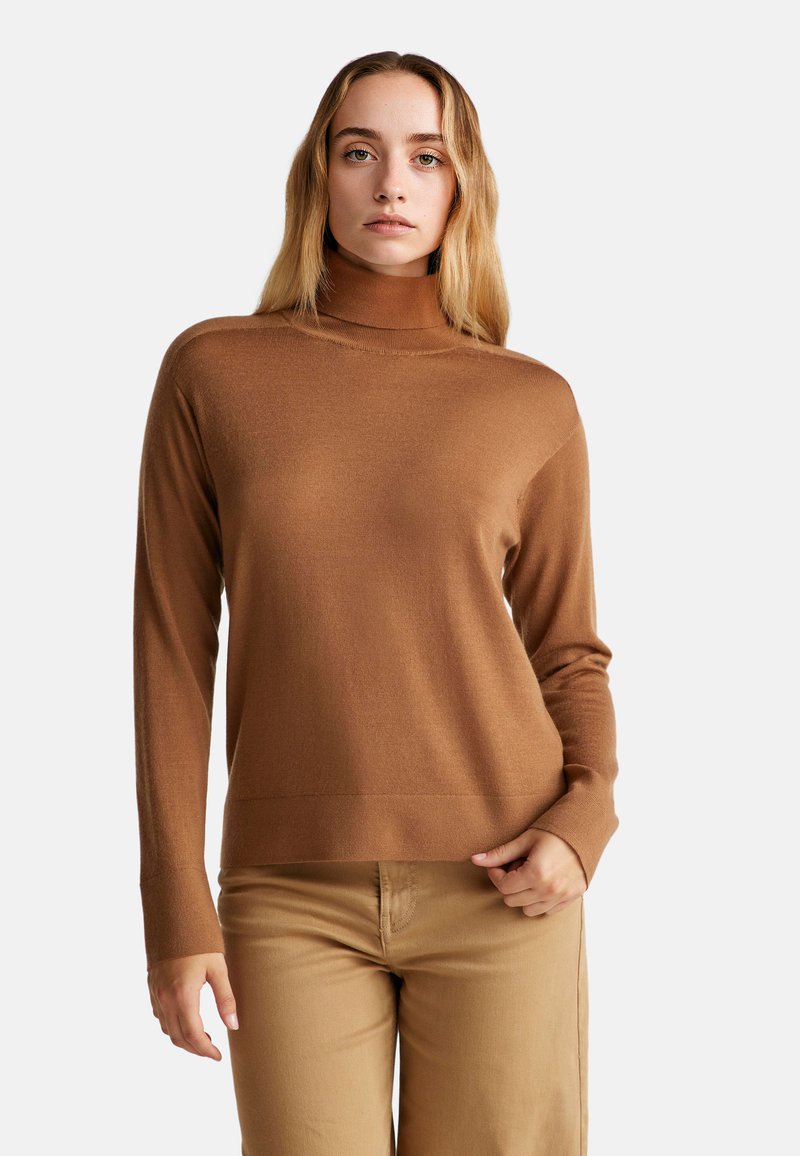 Maglione a collo alto marrone realizzato in un tessuto morbido, con maniche lunghe, una silhouette aderente e una texture a coste sul colletto e sull'orlo.