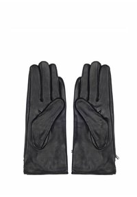 Czarne skórzane rękawice z dopasowanym fasonem, gładką teksturą, subtelnymi detalami stębnowania i zamek błyskawiczny w okolicy nadgarstka.