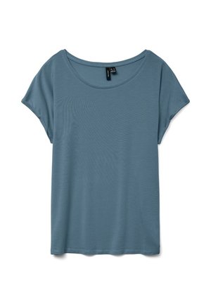 T-shirt à encolure dégagée et à manches courtes dans une teinte de bleu doux. Fabriqué en tissu léger et doux avec une texture lisse et une coupe décontractée.