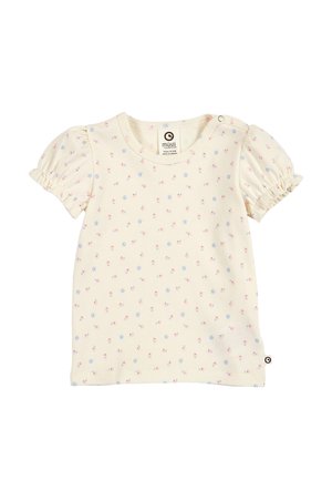 Kremowa koszulka dla niemowląt z małym różowo-niebieskim kwiatowym wzorem, bufkami na krótkich rękawach i zapięciem na napy na ramieniu.