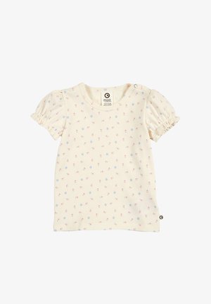 Kermanvalkoinen vauvan paita, jossa pieniä vaaleanpunaisia ja sinisiä kukkakuvioita, liehuvat lyhyet hihat ja olkapään nepparikiinnitys.