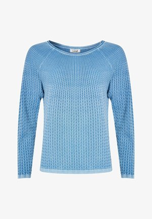 Suéter de punto azul claro con mangas largas, que presenta una textura acanalada y un escote amplio. Patrón sutil a lo largo de la tela.