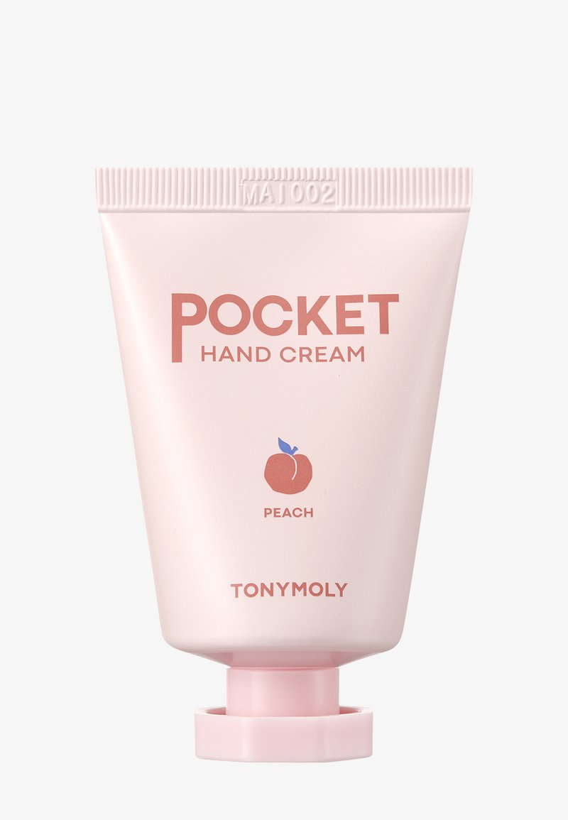 Kompakt rosa tube med TonyMoly Pocket Håndkrem, ferskensmak, med et oransje ferskenikon og en rosa skrukork.