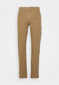 Hellbraune Baumwollhose mit geradem Bein, ausgestattet mit Knopf- und Reißverschluss, vier Taschen und glatter Textur.