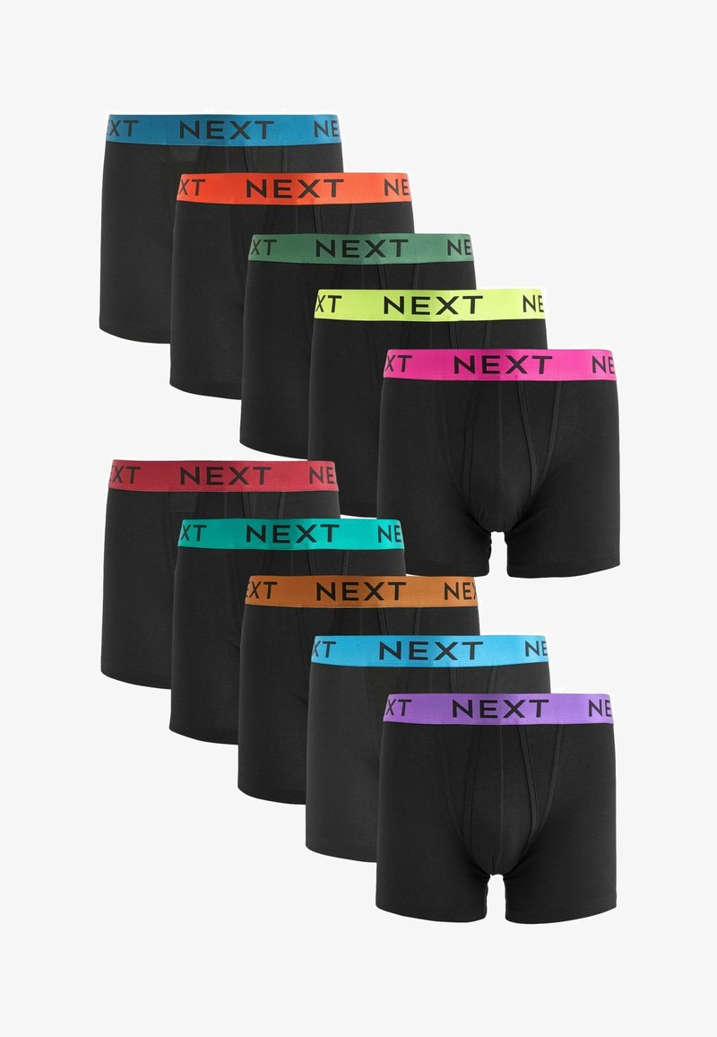 Fekete boxeralsók színes gumírozott derékkal. A színek között szerepel a kék, narancs, zöld, sárga, rózsaszín és lila. Mindegyiken a "NEXT" logó található.