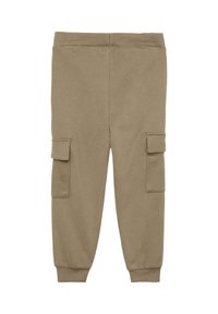 Khaki-Jogginghosen aus weicher Baumwolle, mit zwei seitlichen Cargo-Taschen, gerippten Säumen und einem bequemen elastischen Bund.