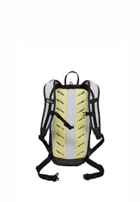 Rucksack mit einem strukturierten weißen und gelben Wabenmuster. Verfügt über schwarze Riemen und Akzente sowie ein schlankes, ergonomisches Design für Komfort.