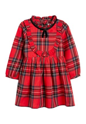 Czerwona krata sukienka dla malucha z długim rękawem, z ozdobną falbaną na karczku, marszczonym stanem i czarną aksamitną kokardą przy wysokim, falbaniastym dekolcie.