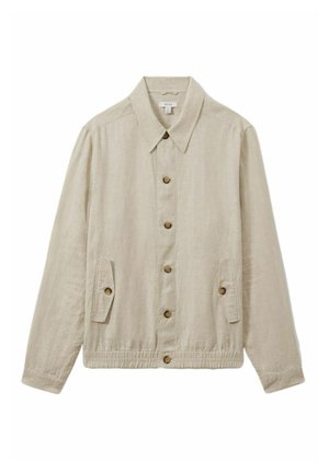 Light beige linen jacket with a collared neckline, front button closure, two side pockets, and elasticized hem. Features wooden buttons.