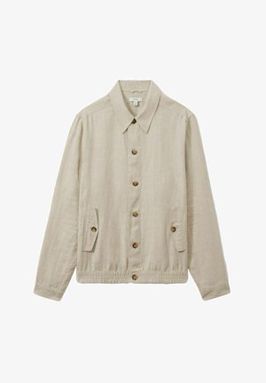 Giacca in lino color beige chiaro con colletto, chiusura frontale con bottoni, due tasche laterali e orlo elasticizzato. Presenta bottoni in legno.