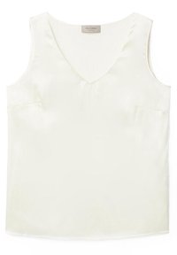 Blouse sans manches de couleur crème avec un col en V, texture lisse, coupe ajustée, et une étiquette de la marque Falconeri au niveau de l'encolure.