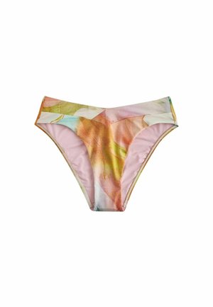 Bas de bikini femme avec ceinture en V dans un motif aquarelle abstrait rose, orange, vert et bleu.