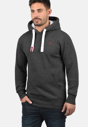 Dark gray hoodie with white drawstrings, a front pocket, and red logo detail. Soft fabric with a cozy lining and ribbed cuffs.