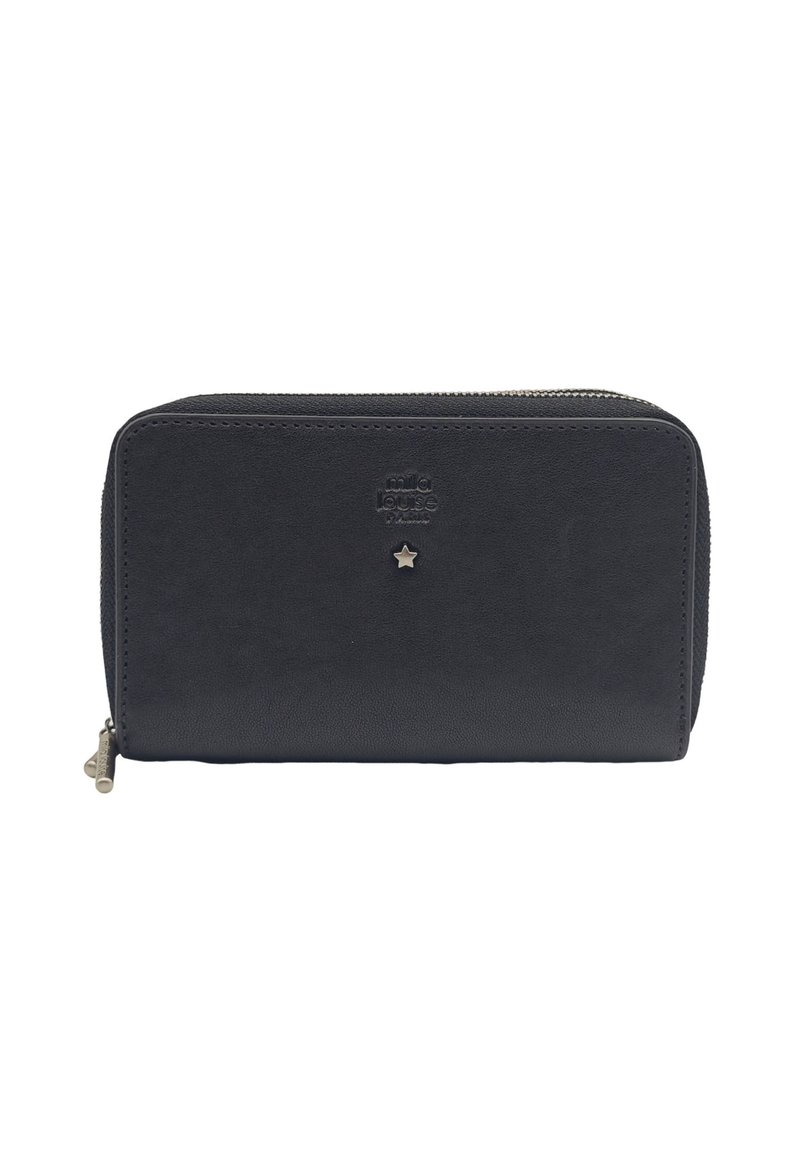 Portefeuille en cuir noir avec fermeture zippée. Il présente un petit accent en étoile argentée et un marquage en relief. Texture lisse, forme rectangulaire.