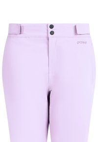 Lila hoge taille broek met verstelbare zijtabs, dubbele zwarte knopen in het midden van de taille en het "protest" logo op de rechterheup.