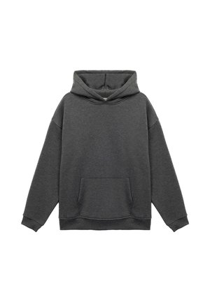 Tummanharmaa huppari, jossa on pitkät hihat ja etupuolen kengurutasku, esitelty valkoista taustaa vasten.