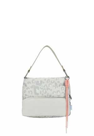 Borsa grigio chiaro con stampa leopardata sottile, tasca frontale con cerniera, tracolla singola e tiralampo in corda rosa annodata.