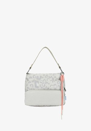 Hellgraue Handtasche mit dezentem Leopardenmuster, vordere Reißverschlusstasche, einzelner Schulterriemen und rosa geknotetem Seilzug am Reißverschluss.