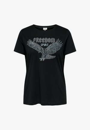Must vald jahe t-särk, millel on suur kotka graafika ja sõnad "VABADUS" ja "VAIM" kontrastsetes heledates värvides. Lühikesed varrukad, ümar kaelus.