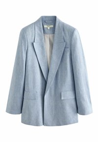 Blazer bleu clair en tissu texturé, doté d'un revers cranté, d'une fermeture à un bouton et de deux poches avant. Doublure rayée visible.