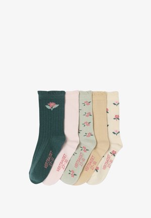 Fünf Paar Socken in unterschiedlichen Farbtönen: dunkelgrün, rosa, sanftgrün, beige und creme. Blumige Muster auf hellen Socken. Rippstruktur.