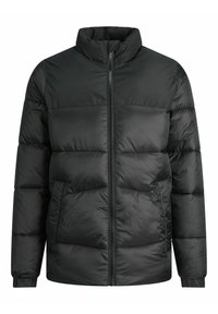 Czarna pikowana kurtka z wysokim kołnierzem, pełnym zamkiem błyskawicznym, długimi rękawami i dwiema przednimi kieszeniami.