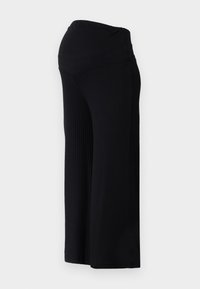 Pantalones anchos negros con diseño de cintura alta y textura acanalada. Tejido suave y elástico con una textura lisa. Sin herrajes ni detalles visibles.