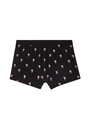 Boxer neri in cotone con un motivo ripetuto di piccoli teschi che indossano cappelli di Santa Claus rossi. Vita elasticizzata, senza ulteriori decorazioni.