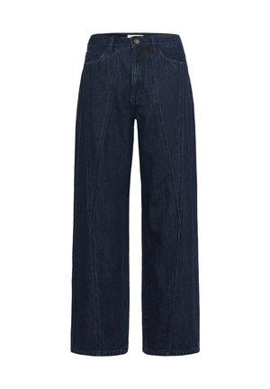 Donkerblauwe wijde denim jeans met hoge taille, knoop aan de voorkant en zichtbare naaddetails op de benen.