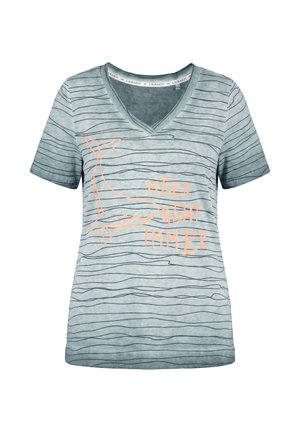 Graues Kurzarm-V-Neck-Shirt mit dünnen schwarzen horizontalen Streifen, einer orangefarbenen Wal-Umrisszeichnung und orangefarbenem deutschen Text "MEER GEHT IMMER."