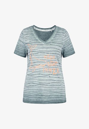 Graues Kurzarm-V-Neck-Shirt mit dünnen schwarzen horizontalen Streifen, einer orangefarbenen Wal-Umrisszeichnung und orangefarbenem deutschen Text "MEER GEHT IMMER."